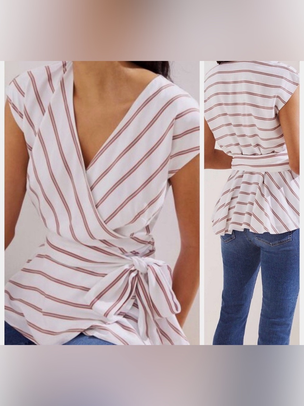 LOFT Striped Wrap Peplum Blouse XL White Rust Stripe Wrap Top